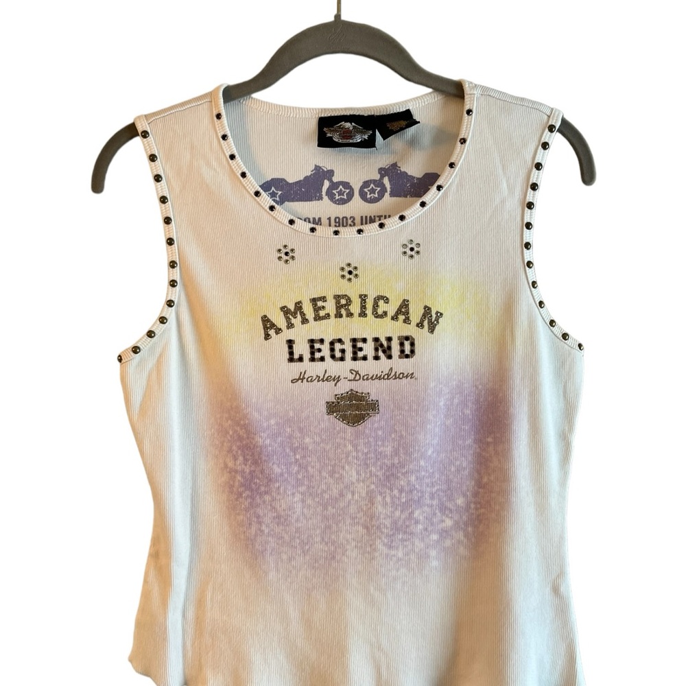 Vintage Harley Davidson American Legend Studded And Rhinestone White Tank Top